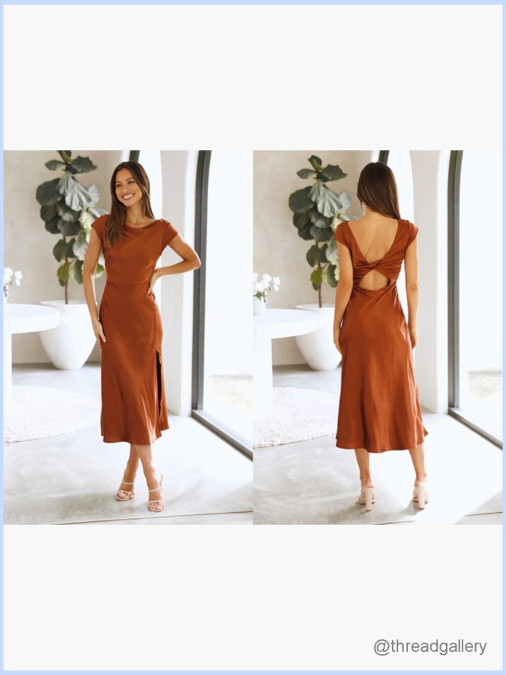 Satin Cowl Neck Backless Twist Cap Sleeve Midi Dress Side Slit - Picture 6 of 7